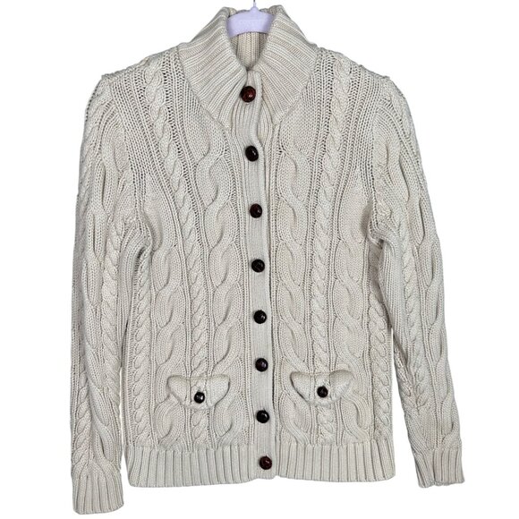 Lands End Womens Cardigan Sweater Medium Beige Cable Knit Fisherman Classic - Picture 1 of 9